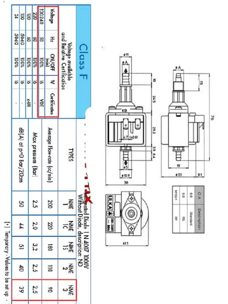 Italy Type 1 Ulka 230-240V Solenoid Electromagnetic NME 16W Coffee Machine Water Pump