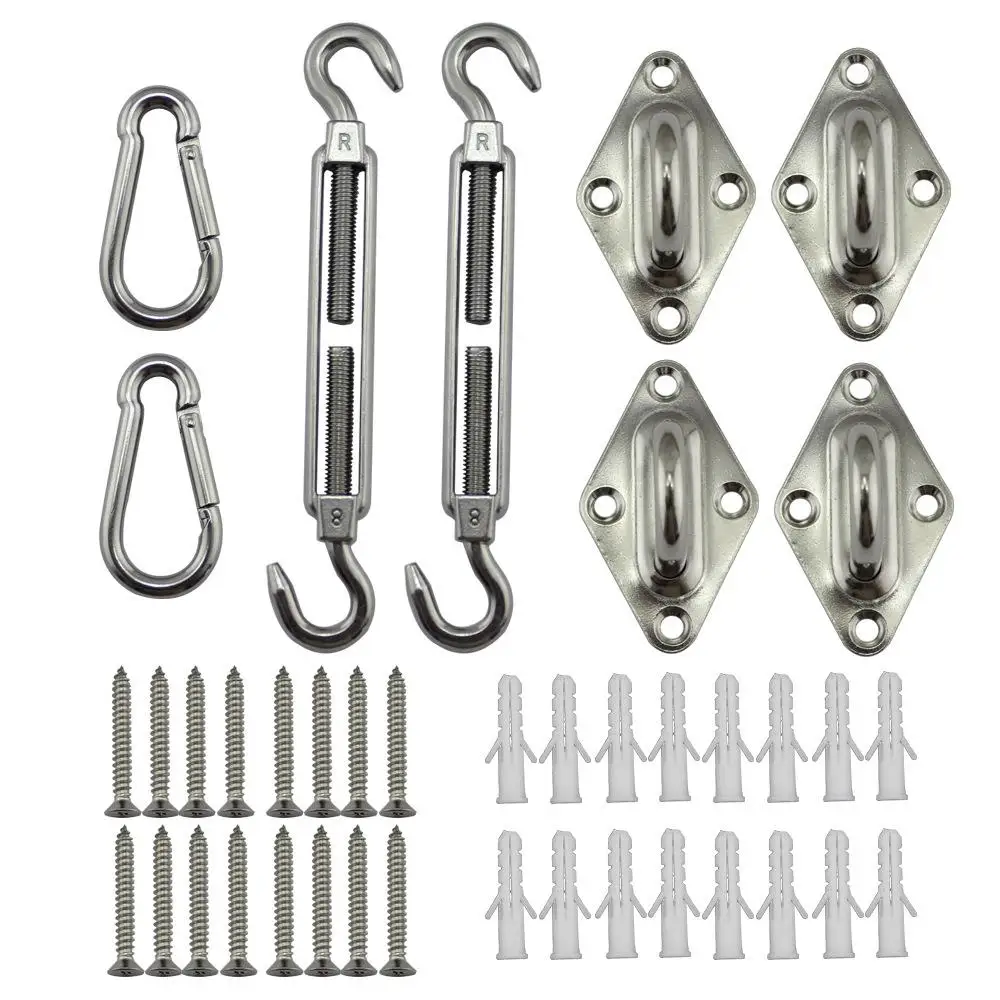 40pcs Sun Shade Sail Canopy Hardware Kit 304 Stainless Steel Turnbuckle Pad Eye Carabiner Clip Hook Screws Silver