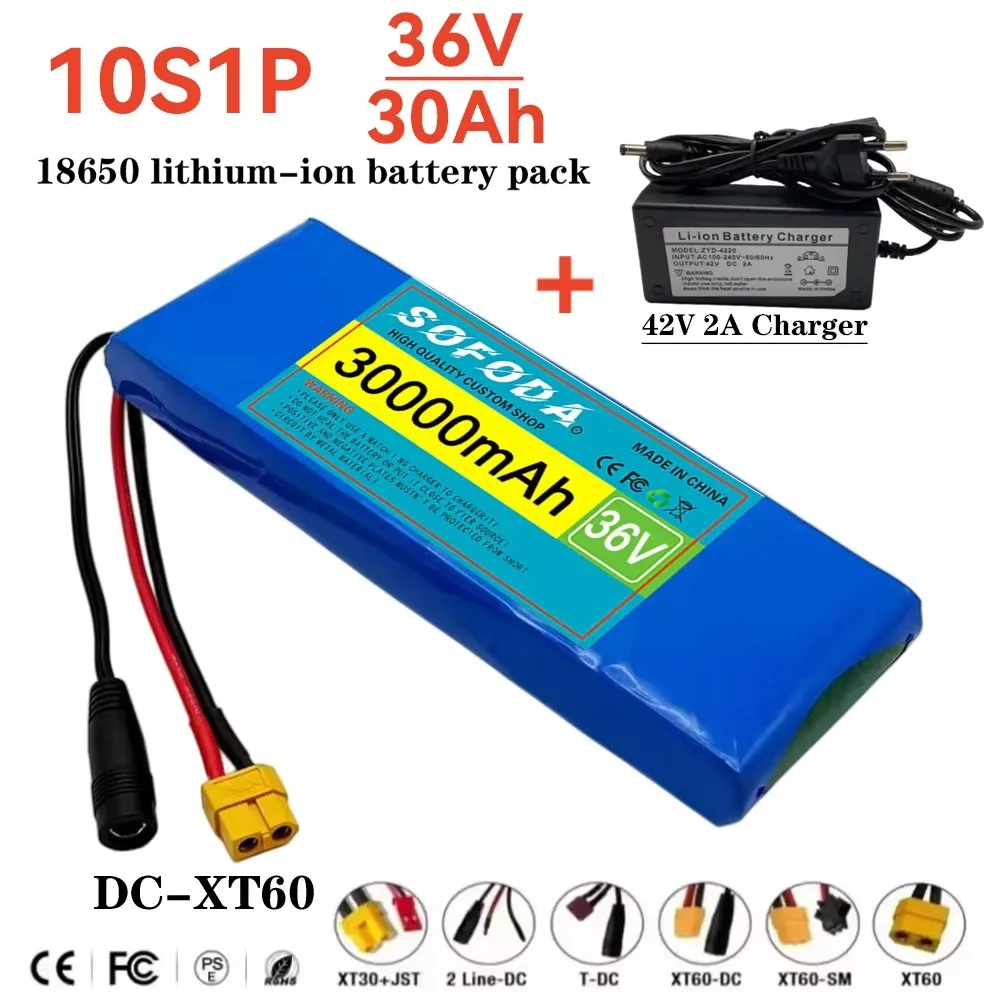 Batería recargable de iones de litio de gran capacidad 36V 30000mAh 10S1P 18650 30Ah, con BMS 500W, equipada con cargador de 42V 2A