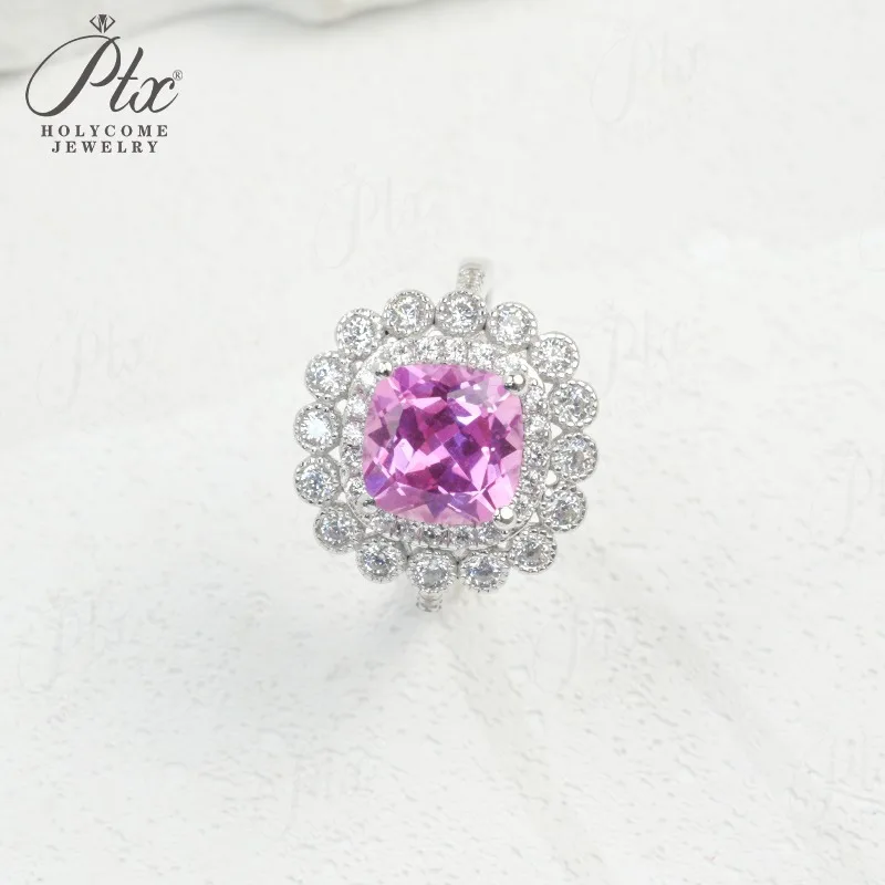

Ring Cushion Cut Lab Grown Gemstones Ruby Sapphire Padparadscha 925 Silver Proposal Engagement Vintage Style Bridal Jewelry
