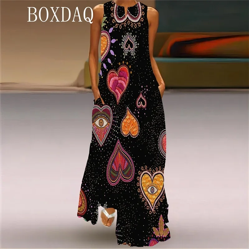 Fashion 2025 New Summer Dresses Women Heart Floral Printed Long Dress Casual Party Sleeveless V-neck Tank Maxi Dress Female Robe