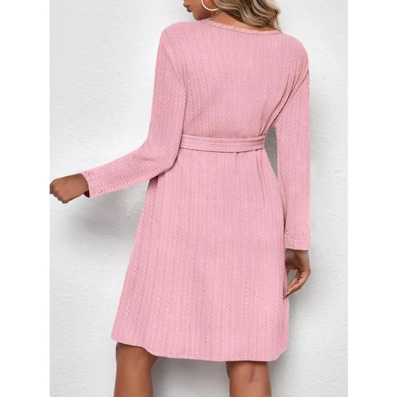 Women's Dress Floral Pink Long Sleeve Round Neck Midi Tie Waist Dresses Solid Flared Hem Maternity A Line Dress for Woman