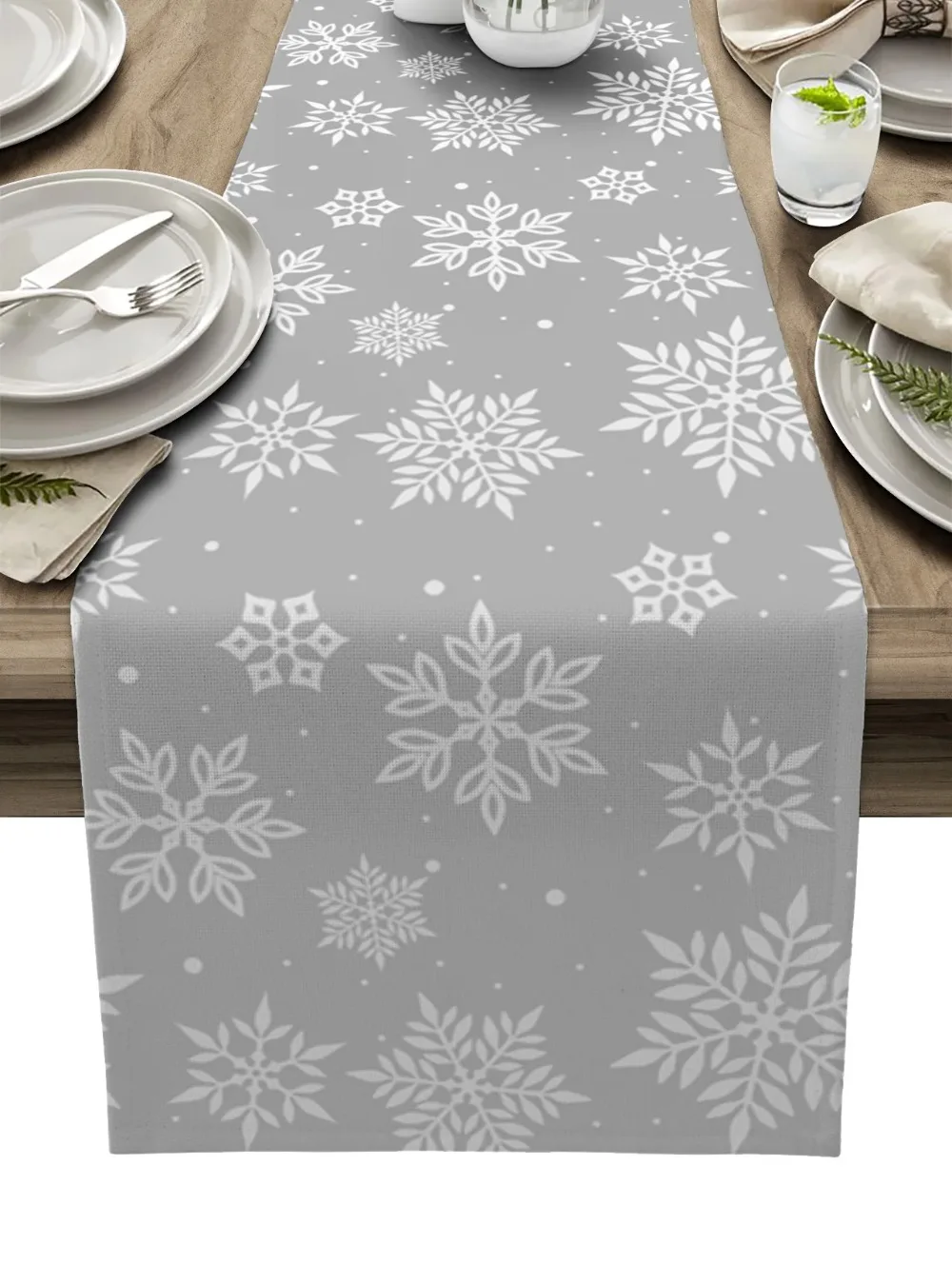 שולחן ריצוף אדום מבד פשתן עם פרחי שלג לחג המולד, עיצוב למטבח הביתי, אביזרים לשולחן לאירועים ולחתונות