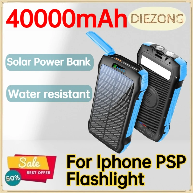 40000mAh Water‑resistant Solar Power Bank for Iphone PSP Flashlight PD Fast‑Charging High‑Capacity Power Bank