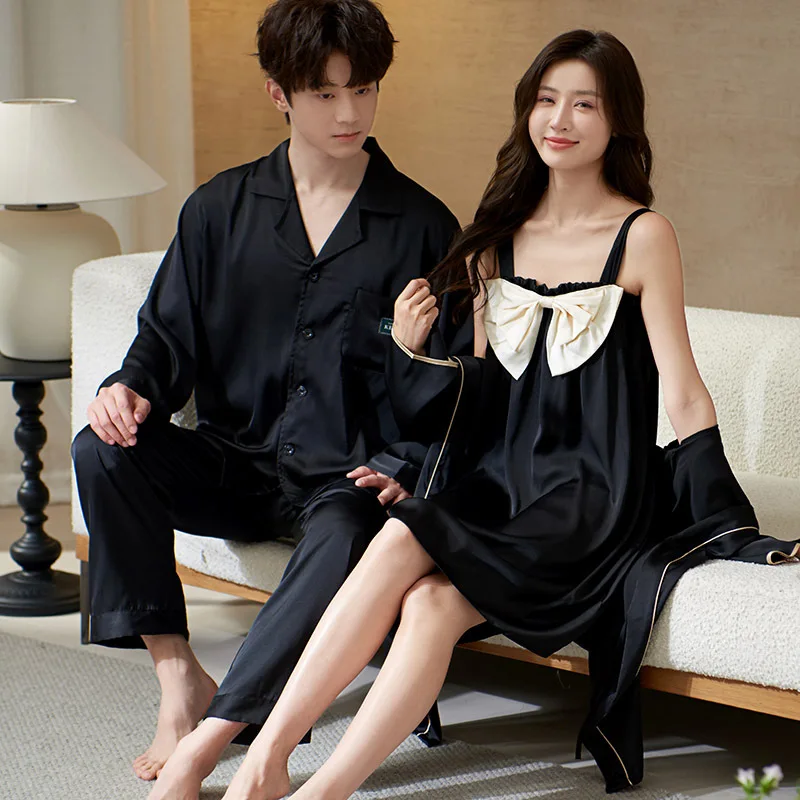 

Couple Women's Bathrobe Bow Applique Nightdress 2pcs Suit Robe Set Sleepwear Men Shirt Pants Homewear Home Clothes