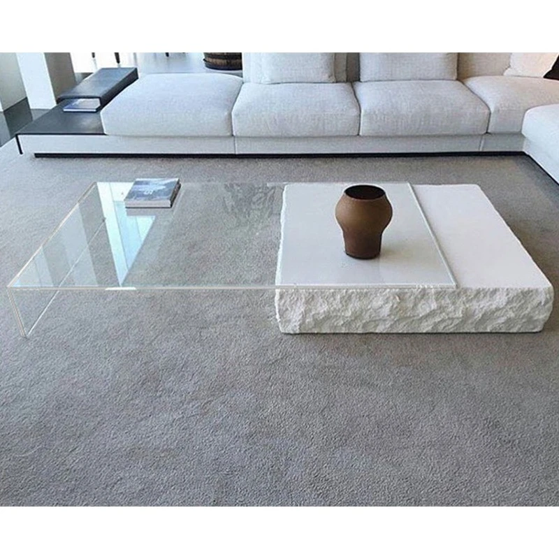 Minimal limestone ultra-white glass low coffee table retractable square glass coffee table
