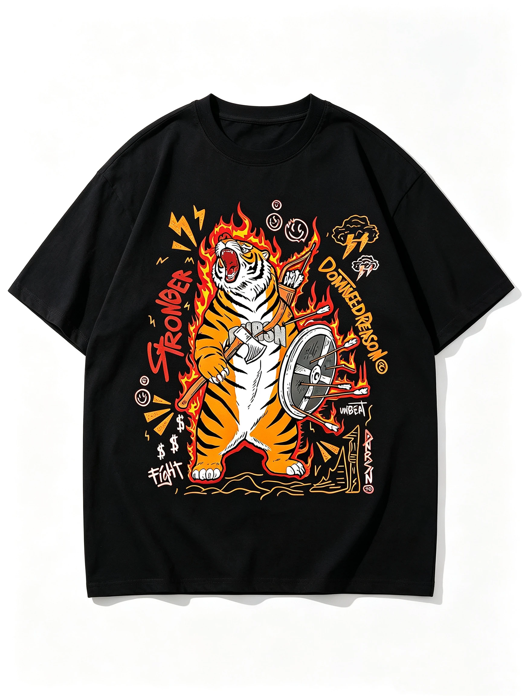 Unisex Warrior Tiger Axe Shield Fire Graffiti Graphic T Shirt Men Women Stronger Fight Vintage Animal Print Oversized Crew Neck Short Sleeve Casual Streetwear Cotton Top