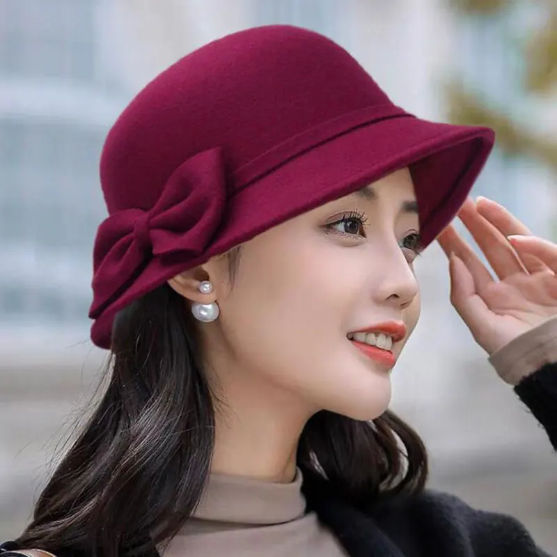 Vintage Women Bucket Cap Winter Warm Bow Woolen Felt Fedoras Cap Ladies Dome Felt Wedding Church Jazz Caps Bowler French Spring