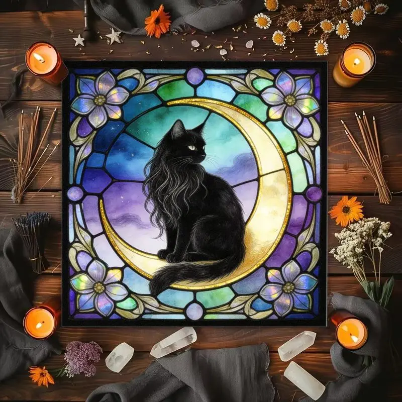 50/75cm Color Window Black Cat Moon Phase Rose Retro Flower Altar Cloth Tarot Card Tablecloth Wika Divination Astrology Card Pad
