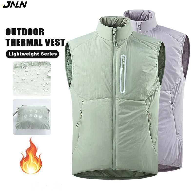 JNLN Men Women Thermal Cotton Fill Vest Water Repellent Warm Stand Collar Waistcoat Camping Climbing Winter Inner Casual Gilet