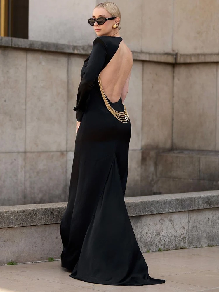 VC Evening Dresses For Women Sexy Backless Chain Design One Shoulder Long Sleeve Maxi Black Gown 2024 Summer Fashion