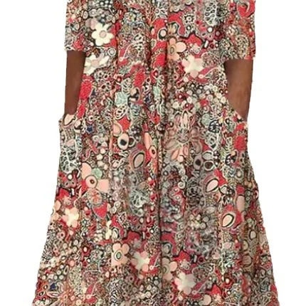 Robe de Soirée Vintage à Imprimé Floral pour Femme, Tenue de Plage Midi, Style Boho, Col en V, Manches Courtes, Poches, Nouvelle Collection Été