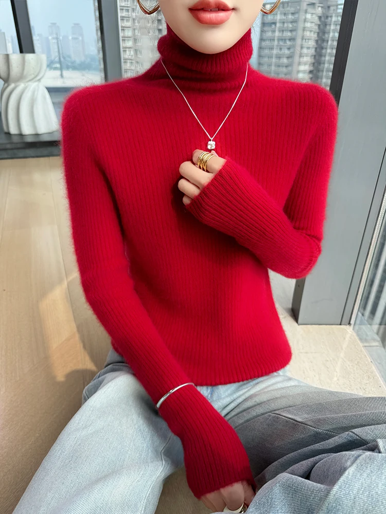 

Versatile Women's Sweater 100% Merino Wool Sweater Pullover Long Sleeve Slim Autumn Winter Warm Clothes High Neck Fashion Knit