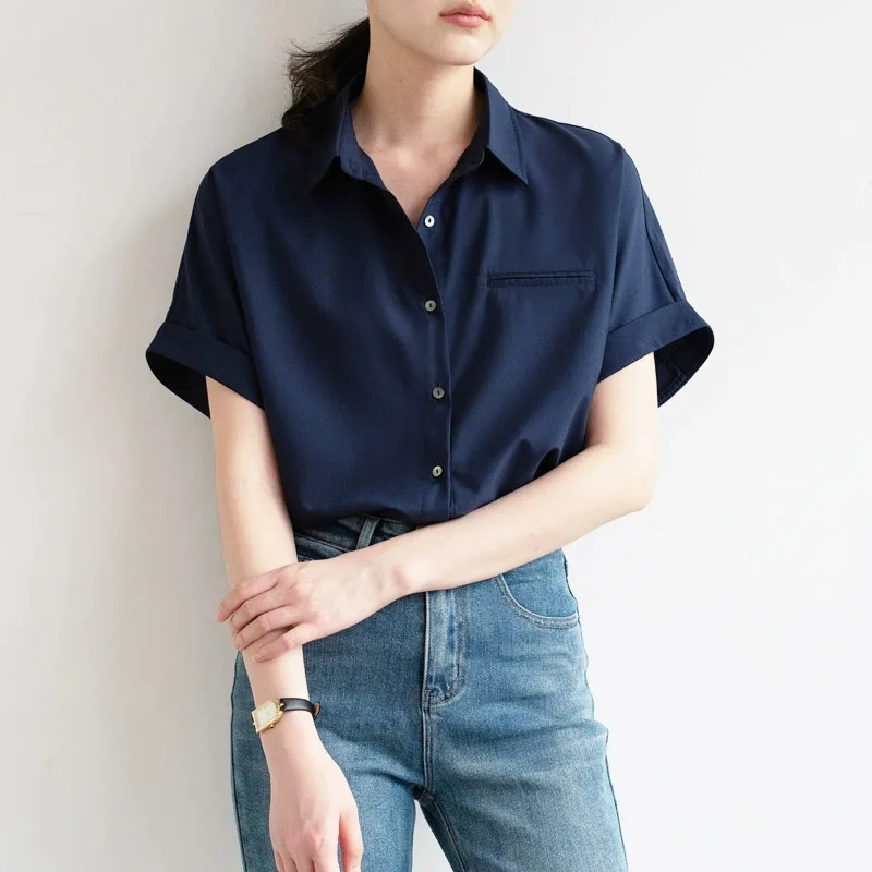 

Summer Vintage Dark Blue Women's Blouses 2025 New Single Breasted Short Sleeve Solid Korean Office Casual Loose Shirts Female