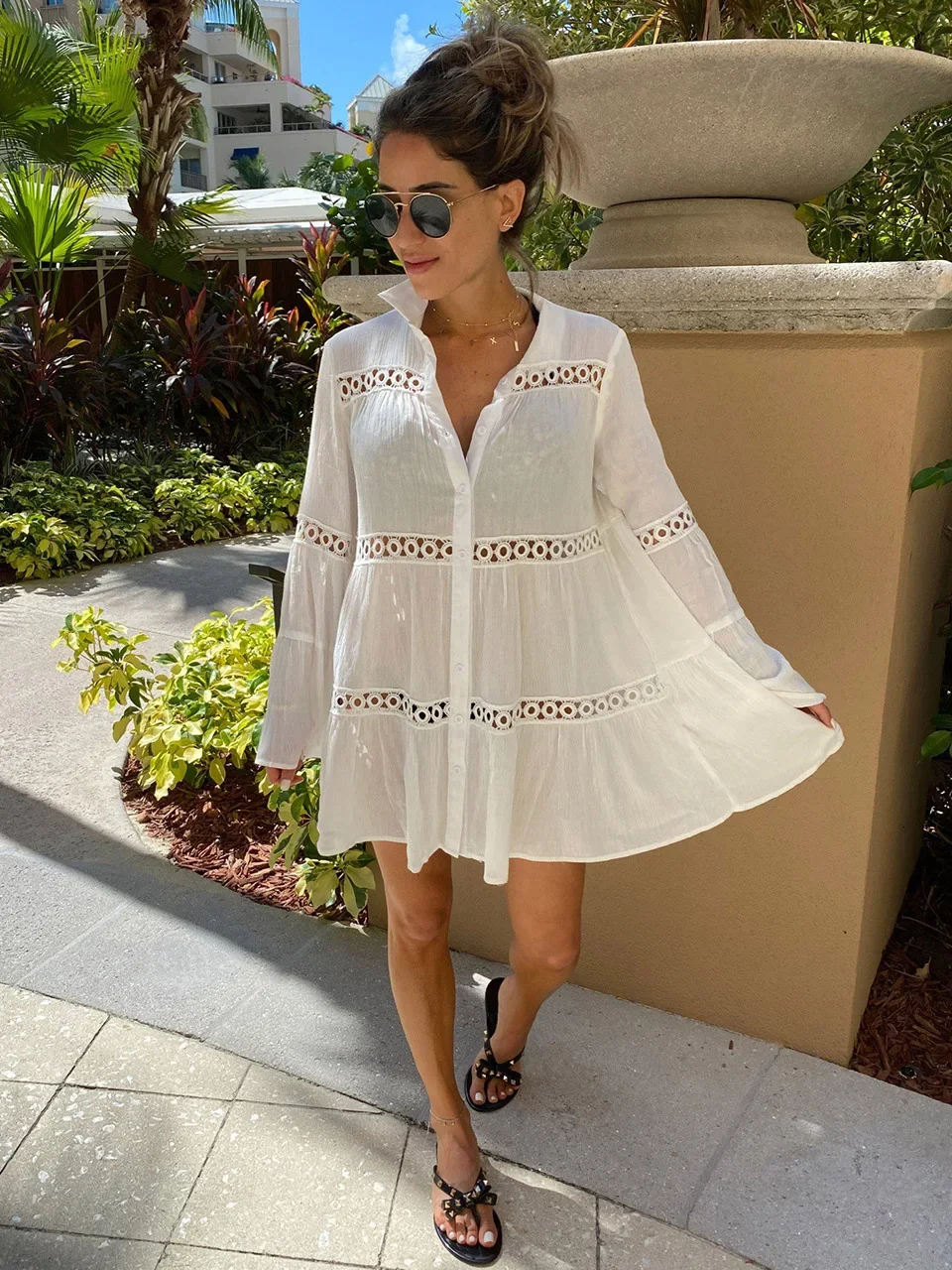 Bikini Cover-ups Summer Swimwear Lace Tunic Shirt Beach Dress Women Swimsuit Beach Cover Up Boho Beachwear Solid White Dresses