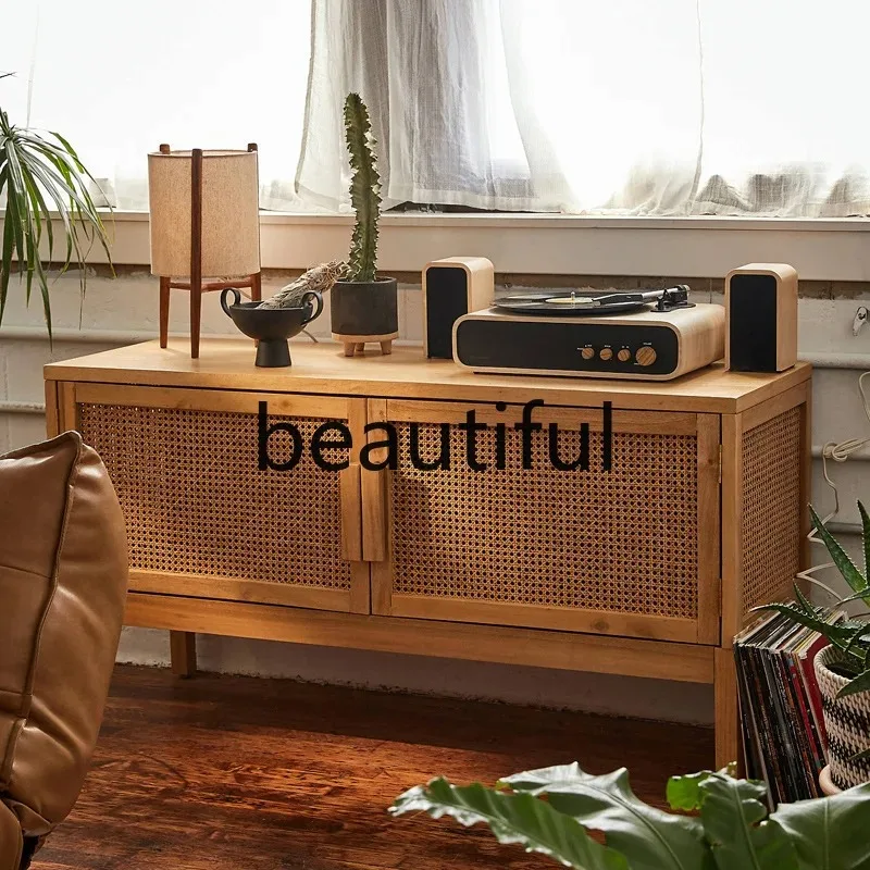 A139 Rattan all solid wood TV cabinet Nordic postmodern living room ash wood swing door floor cabinet
