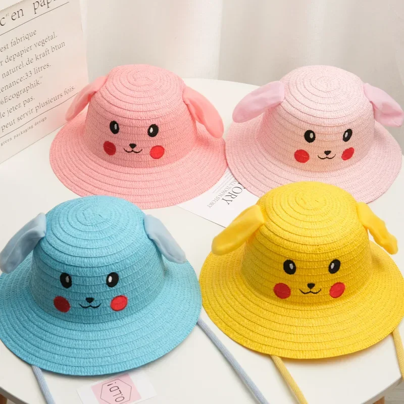 Pokemon Pikachu 2021 New Head Circumference 52-54cm Children\'s Hat Ears Will Move Rabbit Hat Boys and Girls Straw Stands Sun Hat