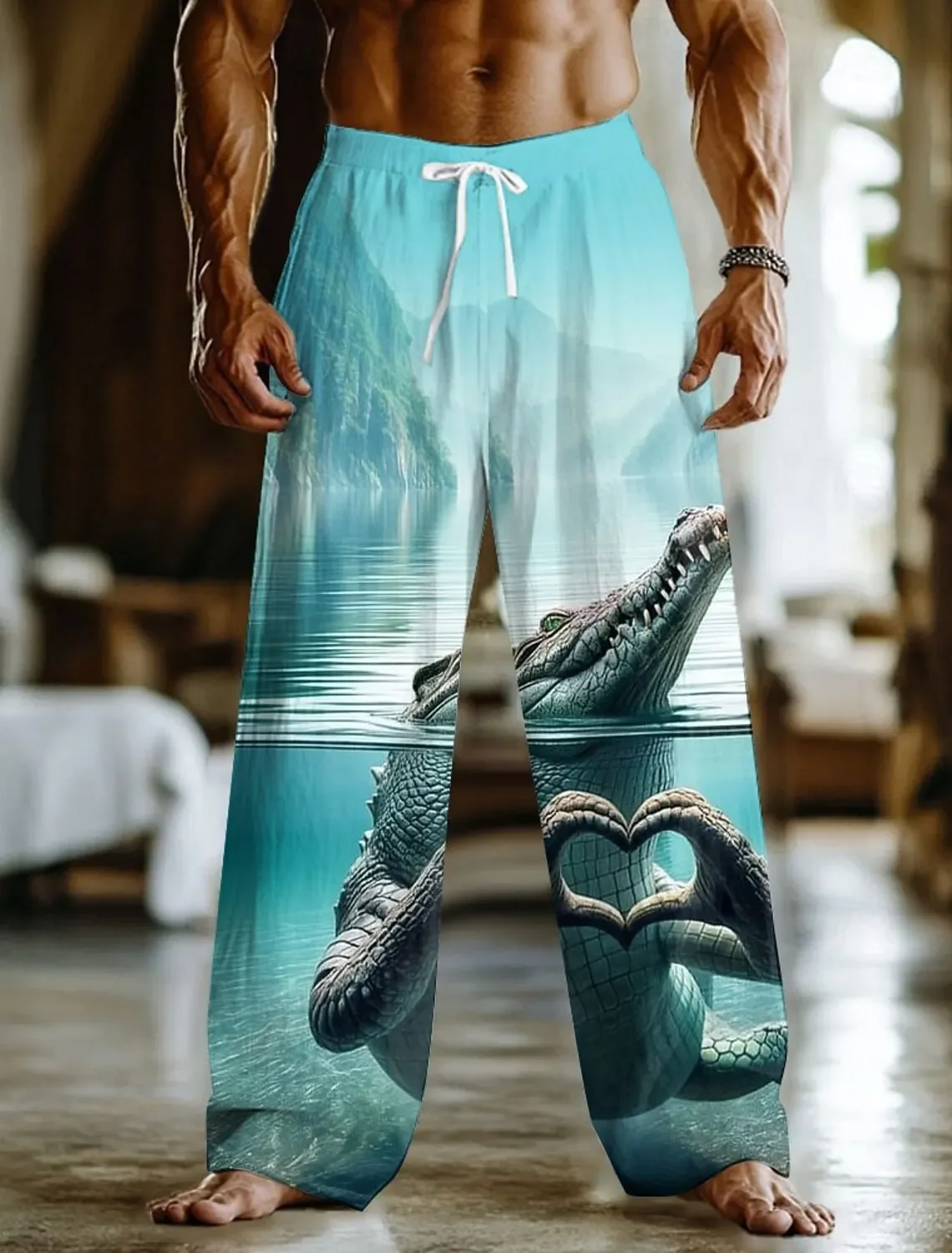 Funny Cartoon Shark Novelty 3D Printed Wide Leg Pants Unisex Drawstring Loose Summer Beach Hawaiian Vacation Comfy Casual