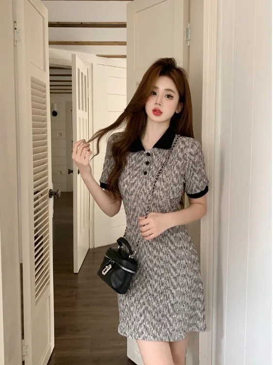

plus Size Women's Sweet Collar Short Sleeve Dress Slimming Waist A-Line Midi Dress Korean Style Commute Summer Dress