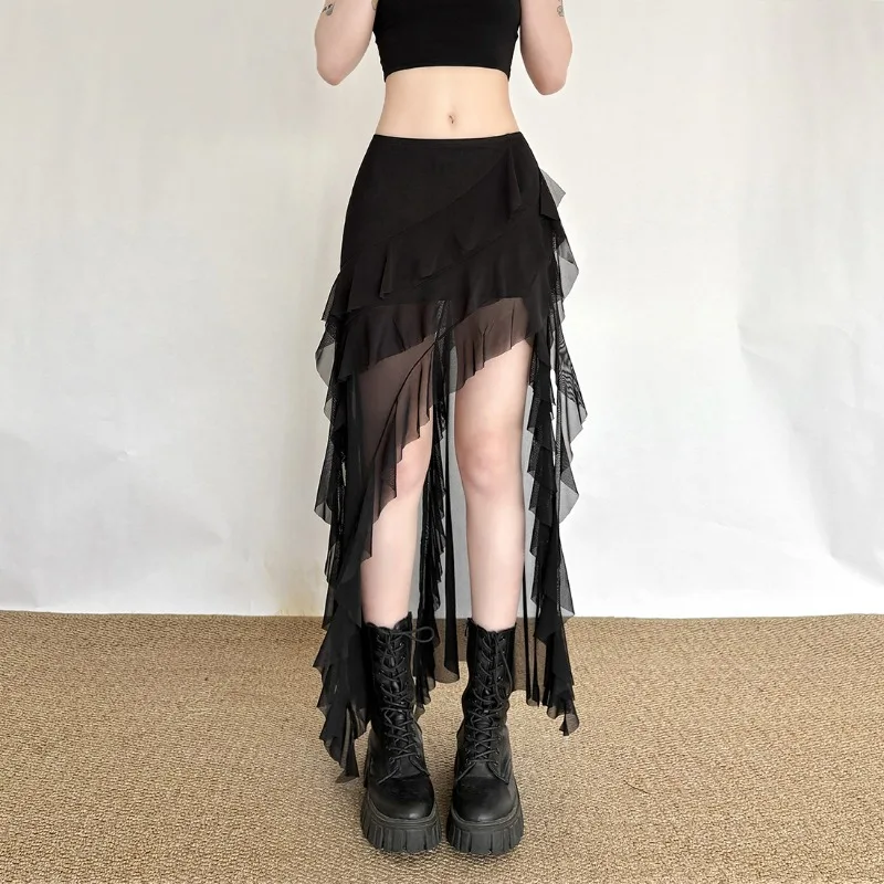 AltGoth Aesthetic Cyber Punk Gothic Mesh Skirt Women Y2k E-girl Streetwear Harajuku Irregular Patchwork High Waist Skirt Female