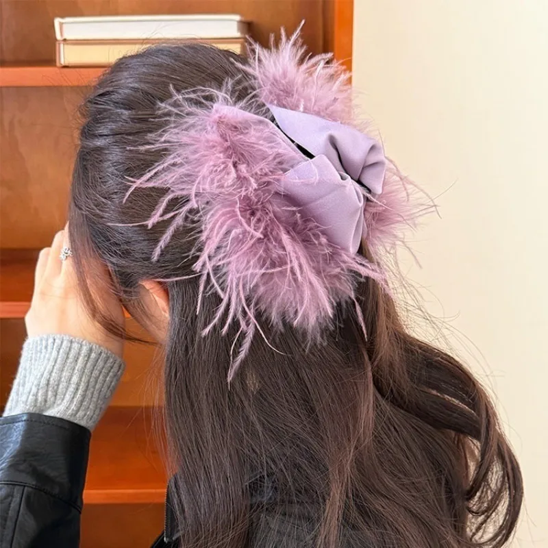 

Korean New Fluffy Feather Hair Claw – Light Luxury French Style with Tassel & Satin Bow, Back-of-Head Updo Accessory