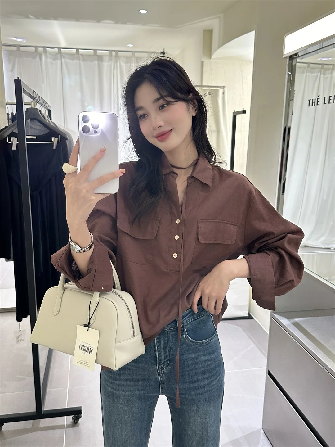 

Early Autumn Loose Women's irt with Belt Hong Kong Sle Casual Long Sve Coffee Color Loose Fit Workwear Top