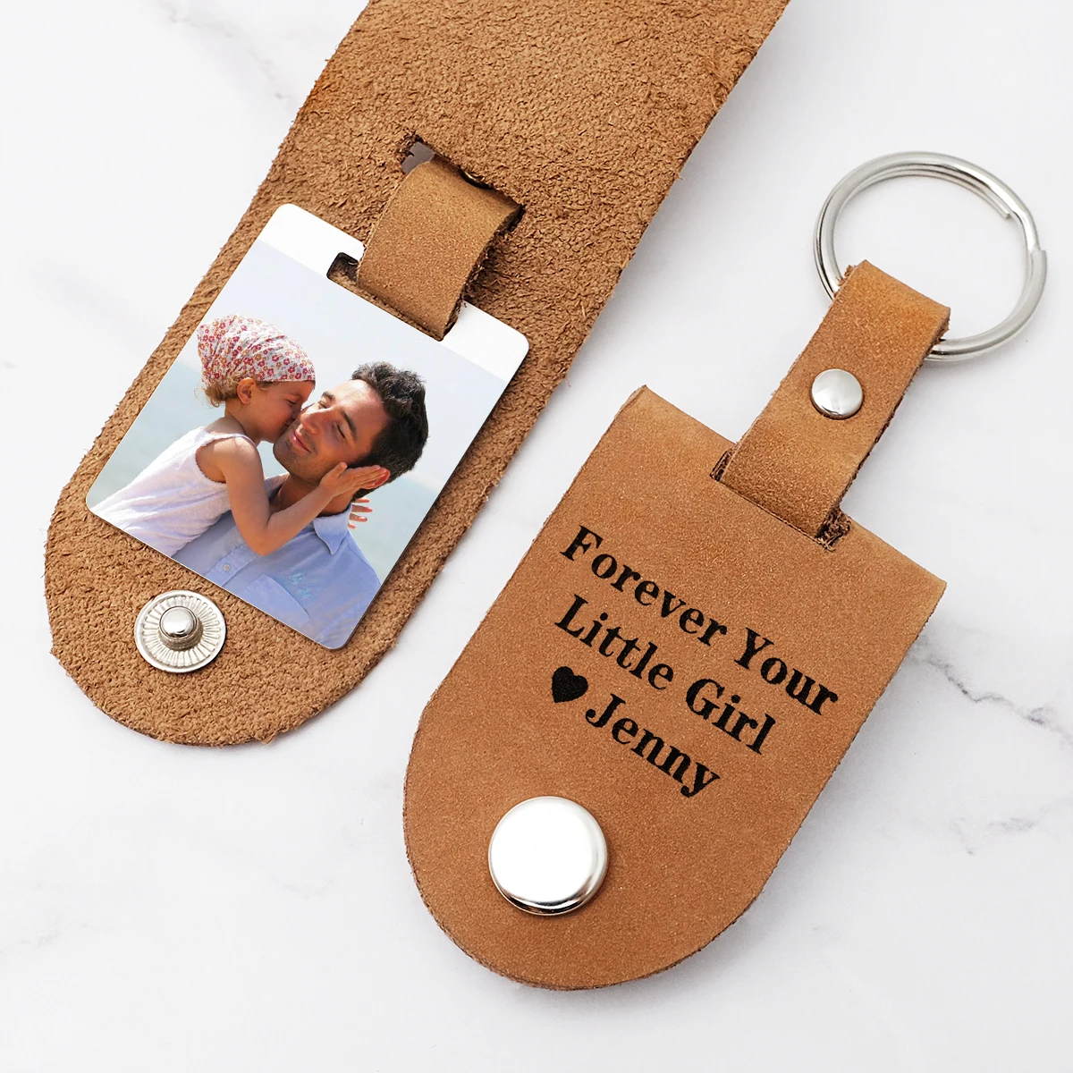 

Personalised Photo Keychain for Men Engraved Leather Picture Keychain Ring Holder Custom Photo Keyring Gift for Father's Day