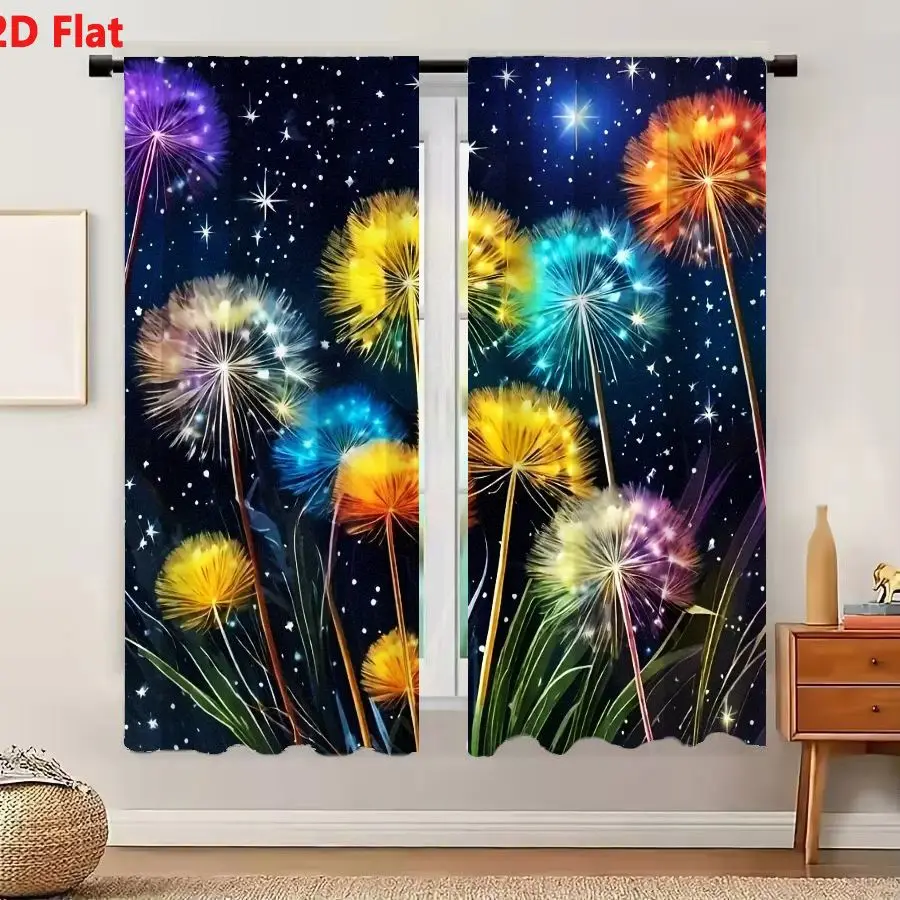 2Pcs Curtains 2D Flat Magical Enchanted Dandelion-Like Flowers Glowing in Starry Night Sky with Pastel Colors Yellow Blue Purple