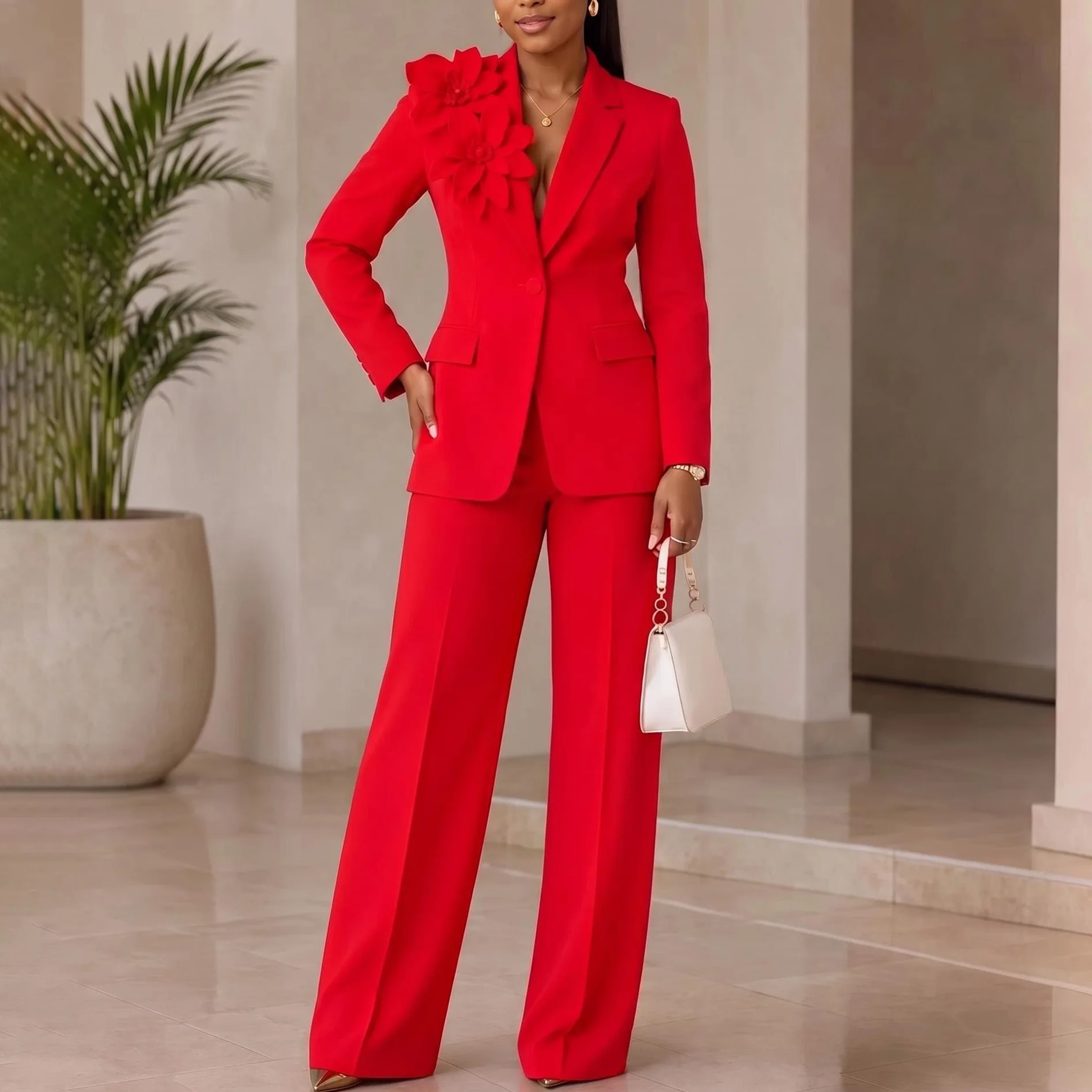 D647 Plus Size Women's Two-piece Suit With Three-dimensional Floral Decoration, Long-sleeved Blazer And Wide-leg Trousers