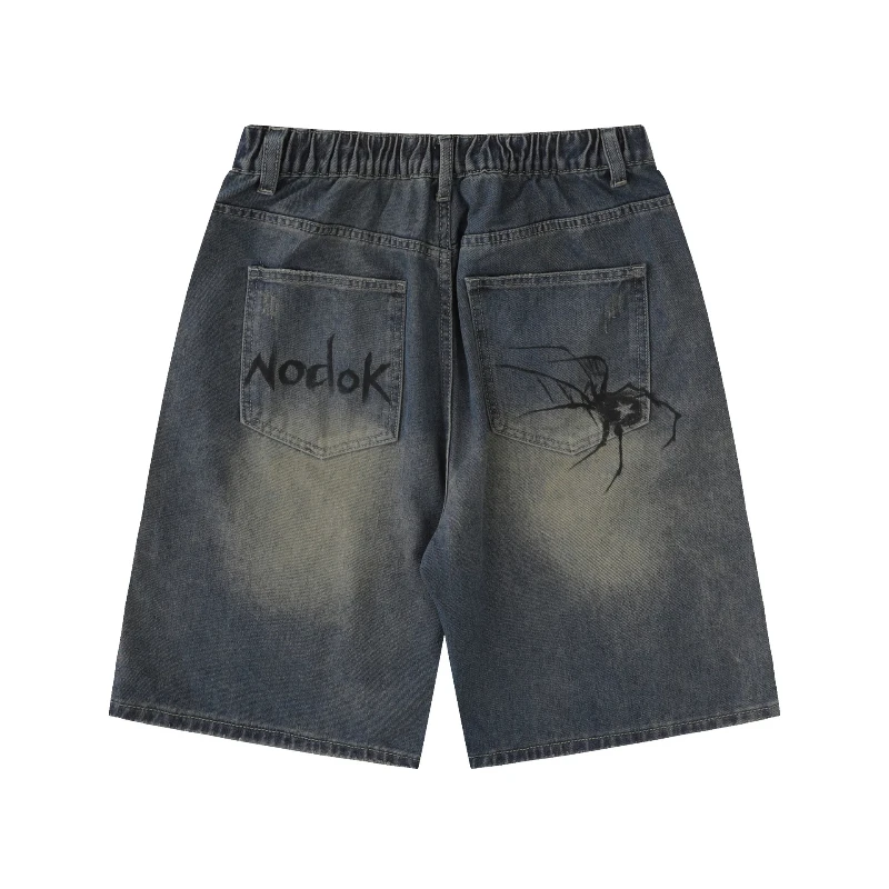 Hand Painted Spider Denim Shorts Men\'s Jeans Summer Loose Retro Distressed High-Waist Straight Baggy Jeans Wide Leg Pants Men