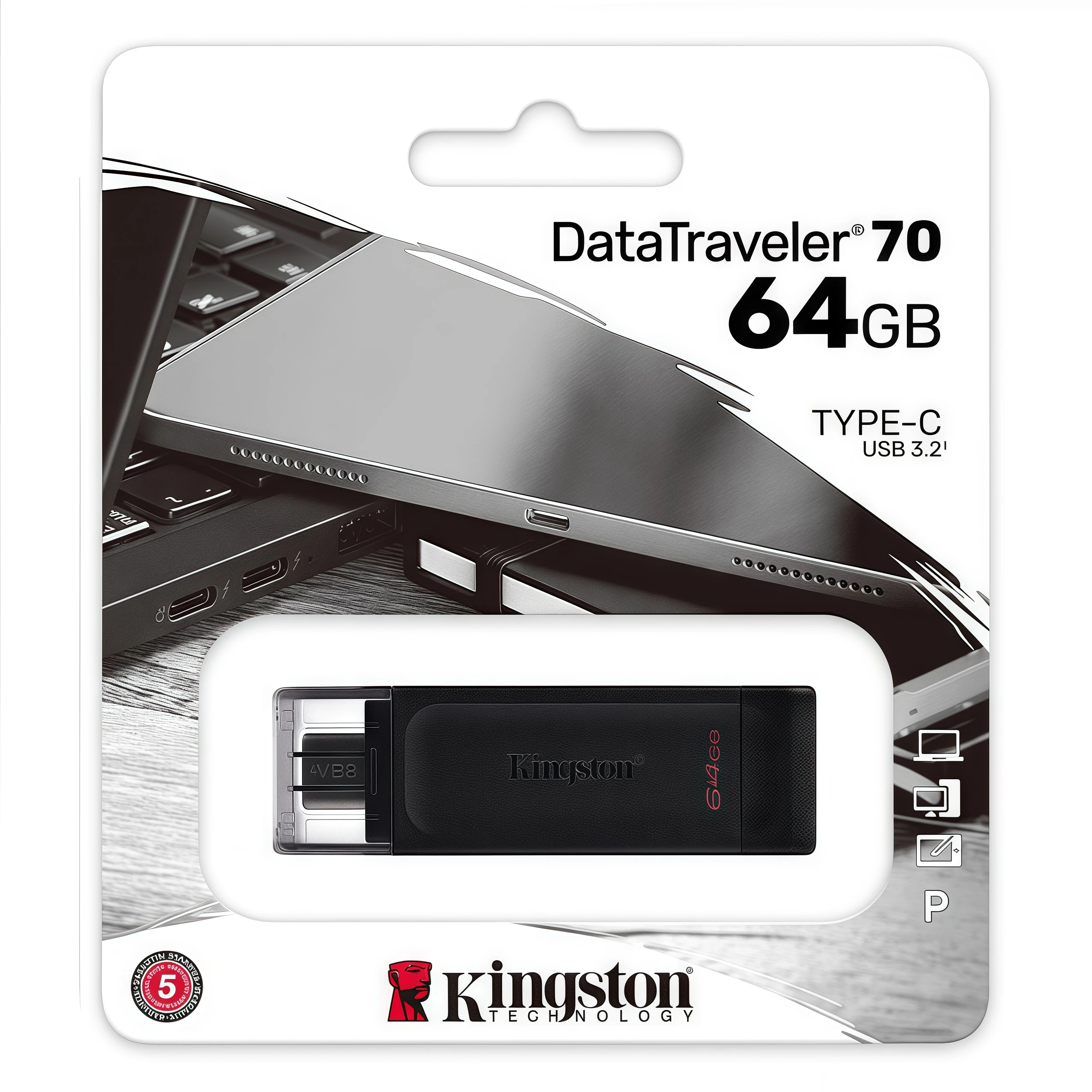 Unidade flash USB Kingston USB 3.2 Gen1 Type-C de alta capacidade, preta, compatível com Android, Apple, carro, telefones celulares e PC