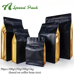 50pcs 밸브가있는 멀티 컬러 재 밀봉 가능한 사각형 지 플락 250g 500g 1kg 지퍼 커피 콩 파우더 플랫 바닥 포장 거싯 백