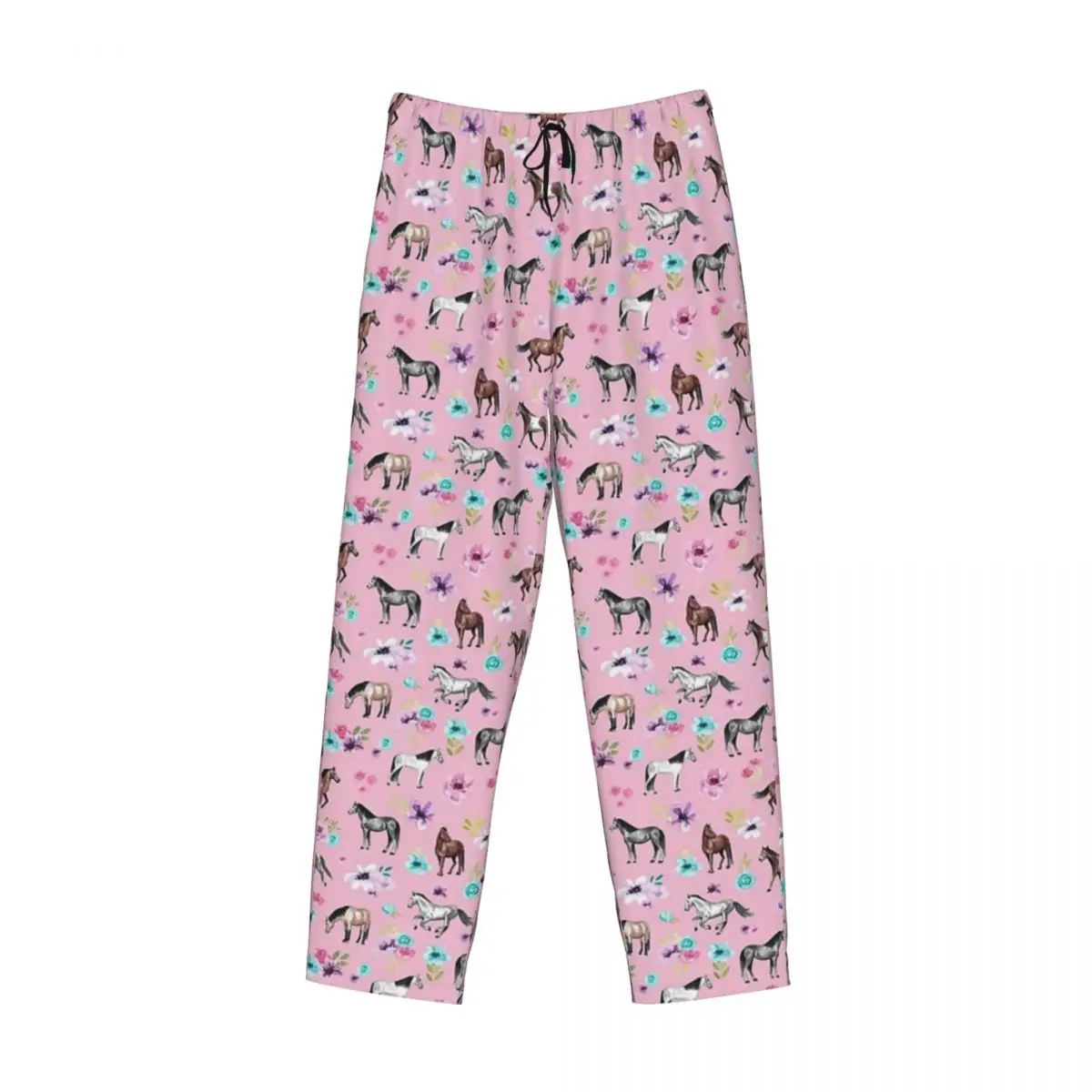 Custom Horses And Flowers On Pink, Equestrian Art, Horse Decor Pajama Pants Men Sleepwear Sleep Lounge Bottoms with Pockets