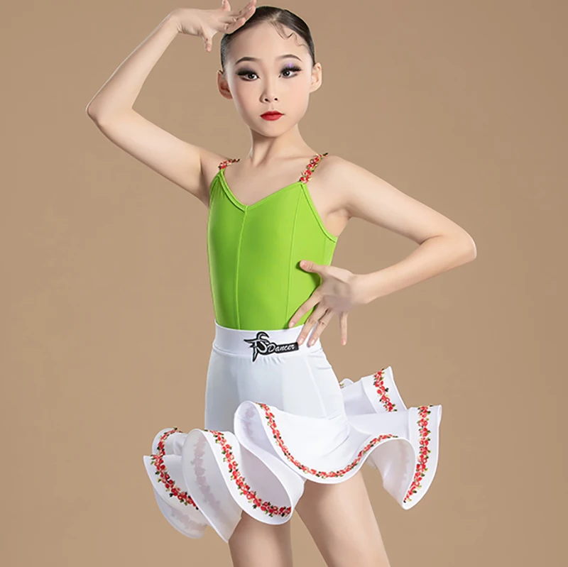 Children Modern Latin Dance Flower Camisole Jumpsuit and Skirt Girls Kids Professional Competition Waltz Social Dancewear