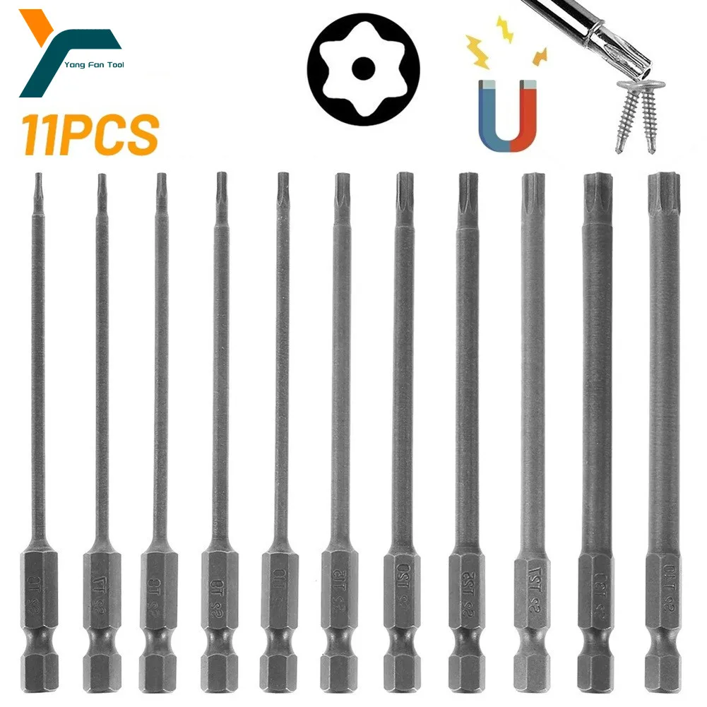 

11Pcs Torx Screwdriver Bit 1/4'' Hex Shank Star Head 100mm Wind Driver Bit Drill Wrench Magnetic Socket T15 T20 T25 T27 T30 T40