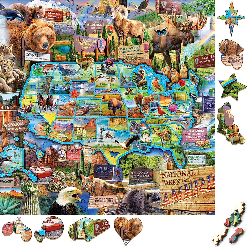 Unique Wooden Puzzles Zoo Ferocious Animals Map Wood Jigsaw Puzzle Craft Irregular Family Interactive Puzzle Gift for Friend