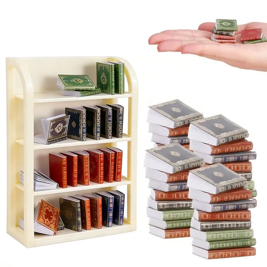 1:12 Scale Miniature Dollhouse 36 Books & 4-Tier Bookcase, Mini Furniture Display Shelf Cabinet Dollhouse Decoration Accessories