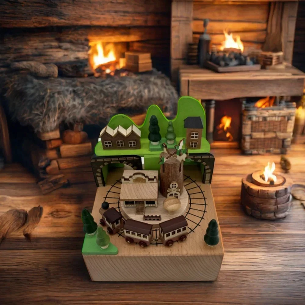 

All Solid Wood Music Box, Town Can Run Small Train, Most Popular Design, Wonderful Gift for Family from Sustainable Forest, Play