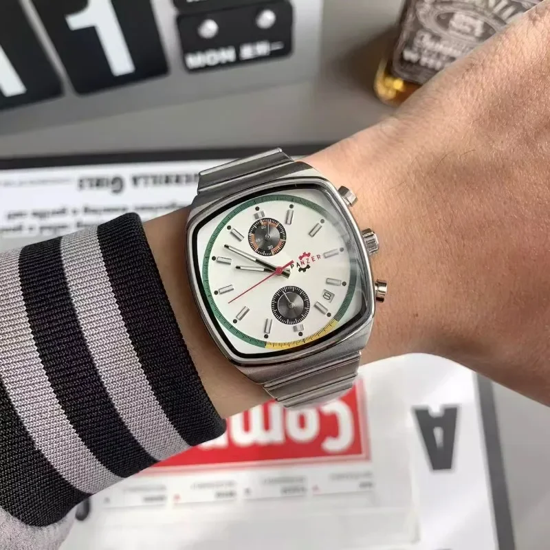 2025 Orologio da uomo classico a forma di tonneau in acciaio inossidabile con calendario, timer, orologio sportivo da uomo casual, часы ✔ nulla