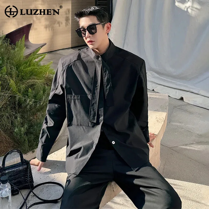 

LUZHEN Autumn New Patchwork Necktie Design Long Sleeved Shirt Personality Elegant Trendy Men's 2024 Solid Color Clothes LZ6726