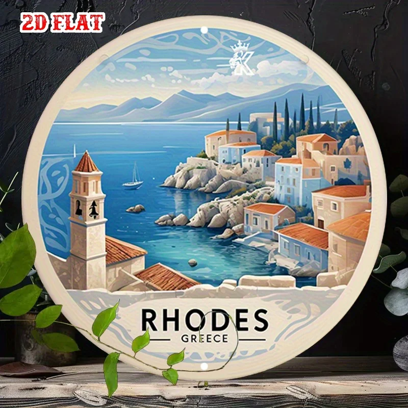 Decoración de pared metálica vintage de isla griega 2D plana, 1 unidad - Letrero de Plaza Costera de Rodes, Grecia con Mar Mediterráneo, Blanco y Azul