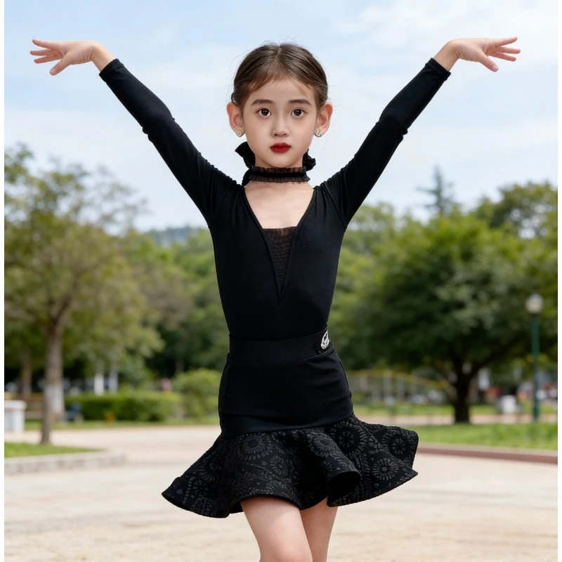 

Theeper 2026 Autumn Winter Girls Latin Dance Outfit Long Sleeve Kids High-End Practice Performance Dancewear Stage Performances
