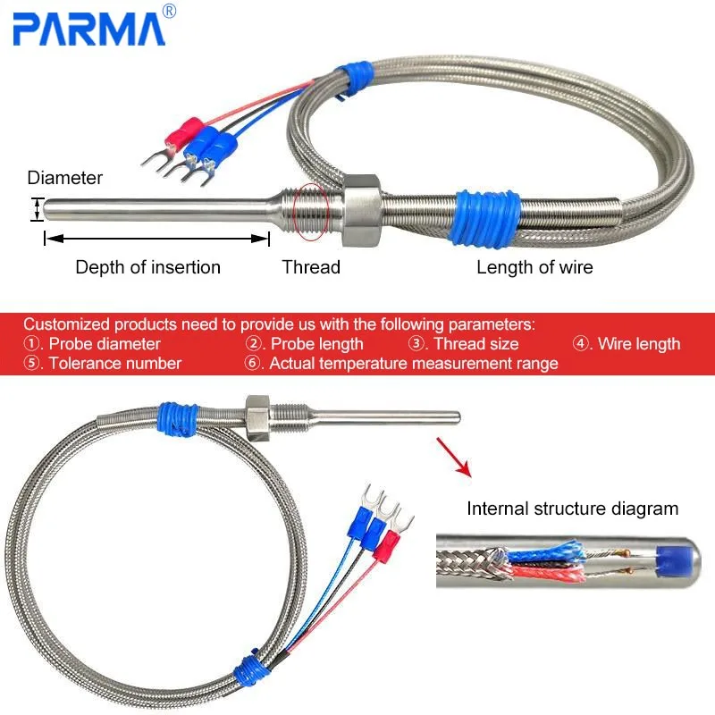 Stainless steel waterproof fixed threaded Pt100 platinum thermoresistance temperature sensor K/E type thermocouple temperature p