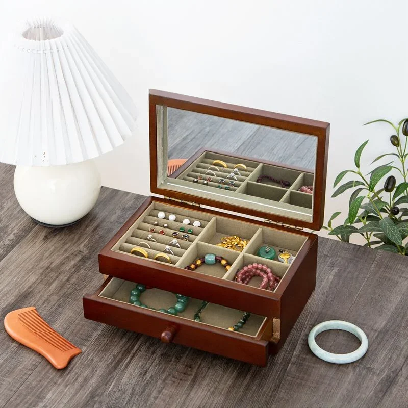 

Retro jewelry box Multi-layer solid wood with lid wooden Chinese style jewelry safe, log square storage box wholesale