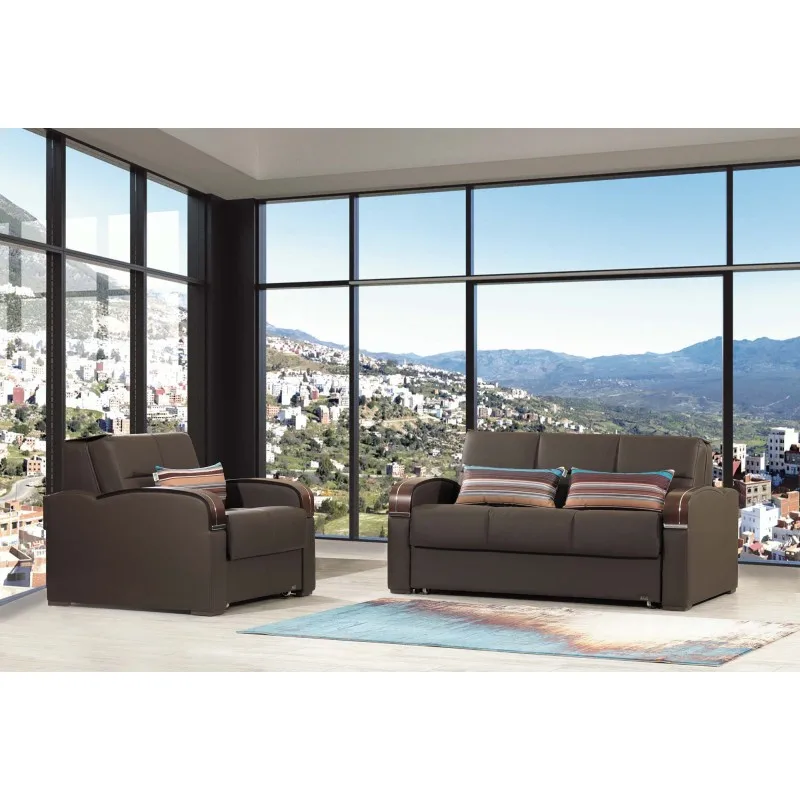 PrimeNest SlumberCore Collection Sofá conversível estofado com armazenamento, marrom-PU