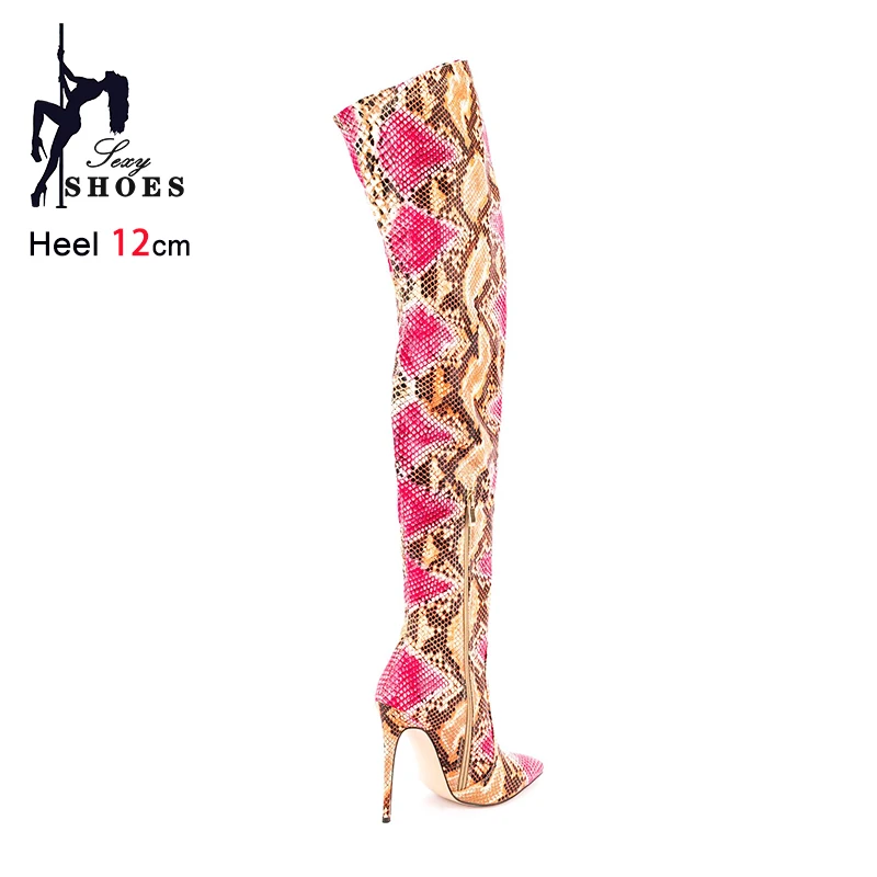 

Over The Knee Snake Print Boots Women 12CM Thin High Heel Winter Shoes Plus Size 45 46 47 Stiletto Pointed Thigh Boots For Woman