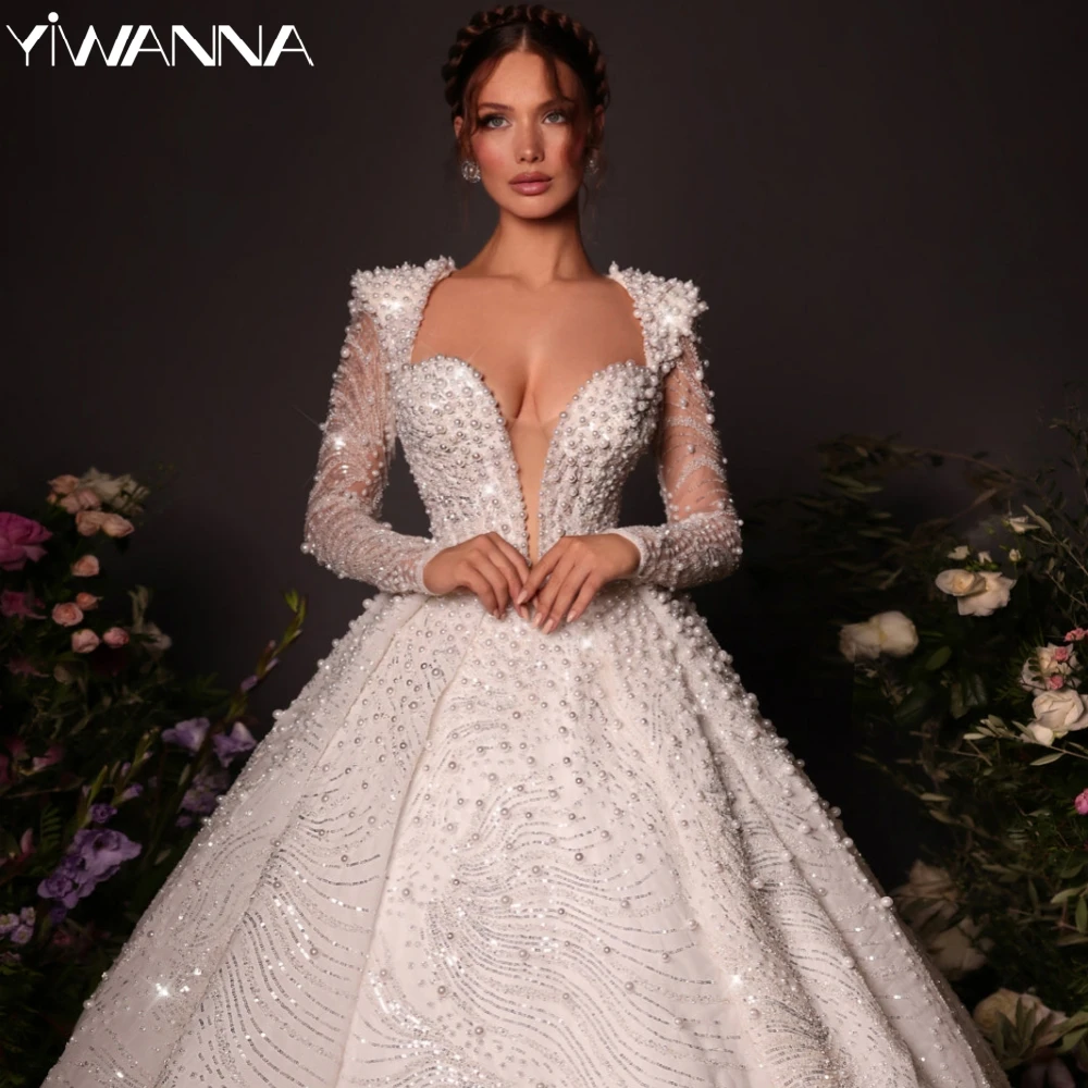 

2025 Sequined Deep V-neck Long Sleeve Wedding Dress Hand-sewn Pearls Bride Robe Exquisite Ball Gown Bridal Gown Robe De Mariée