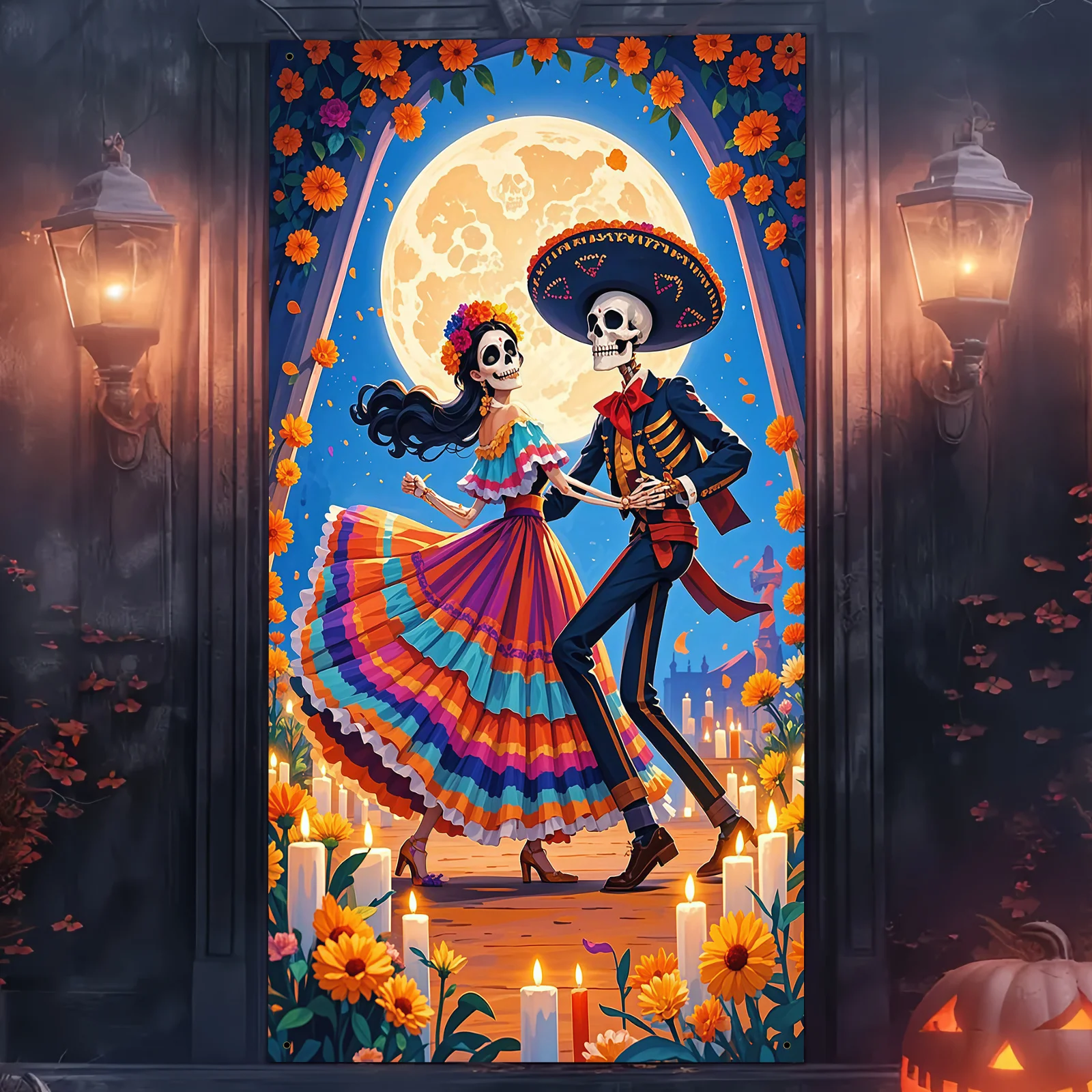1 Stück 2D flaches Halloween-Themen-Hintergrundtuch, Totenkopf- und Blumendesign, Halloween-Dekoration, keine Strom erforderlich – sjs