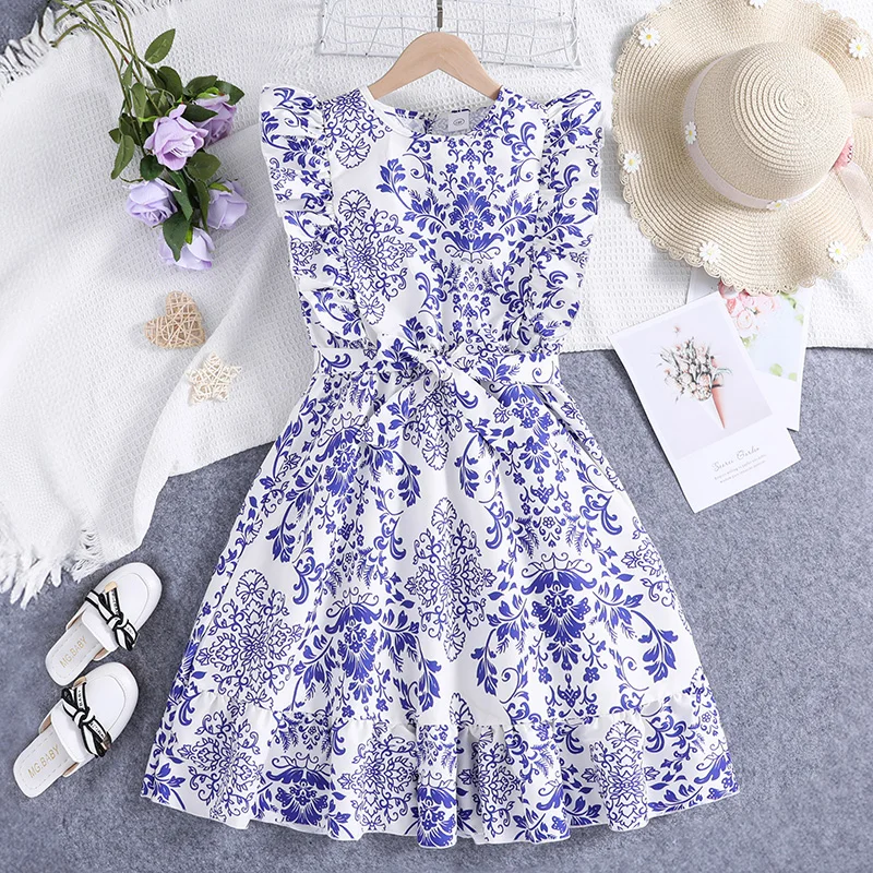 Summer Girls Designed Classic Vintage Blue Retro Printed Dress Princess Girl Dress Elegant Daily Casual Cute Floral Print Dress