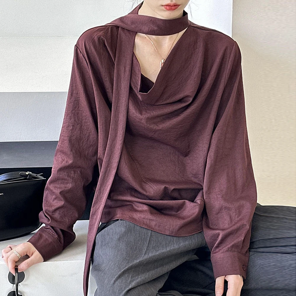 TWOTWINSTYLE Burgundy Casual Loose Blouse For Women Swing Collar Long Sleeve Patchwork Lace Up Designer Shirt Female Fashion New